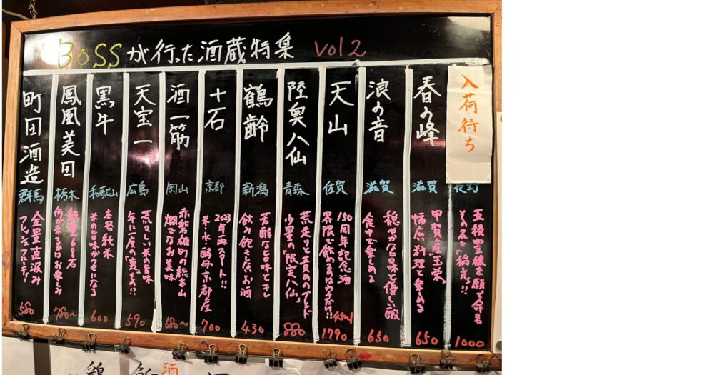 新橋の野崎酒店の黒板に並ぶ日本酒銘柄一覧。酒場散歩の一コマ