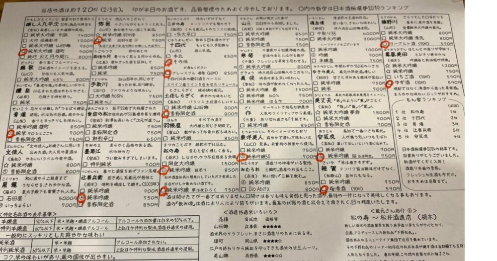 巣鴨 もん家 日本酒メニューと本日のおすすめ銘柄