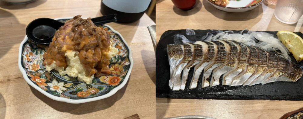 日本酒に合うポテサラと〆さば、日本酒バルかぐらの料理