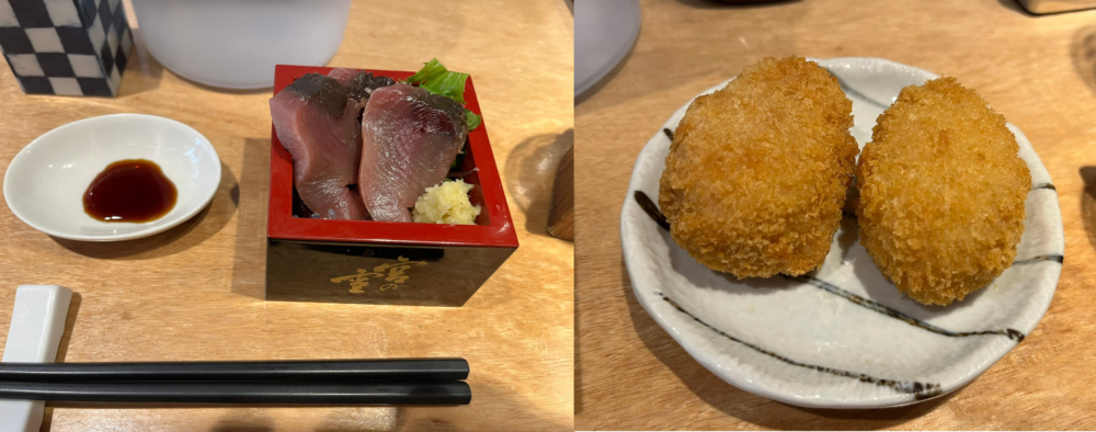 日本酒スタンド 酛の升盛り刺身とコロッケ