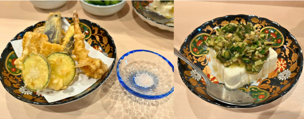 おばんざい 壱菜でいただいた豆腐のあんかけと野菜・えびの天ぷら