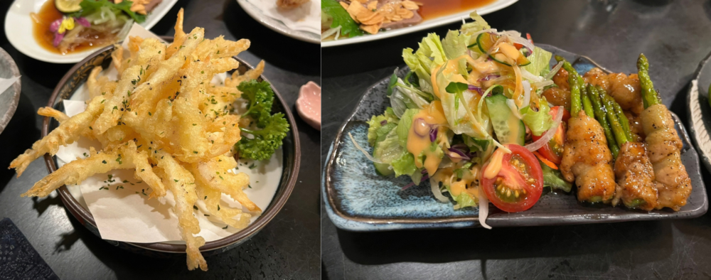 やまおで味わった白エビの天ぷらとサラダとアスパラ肉巻き